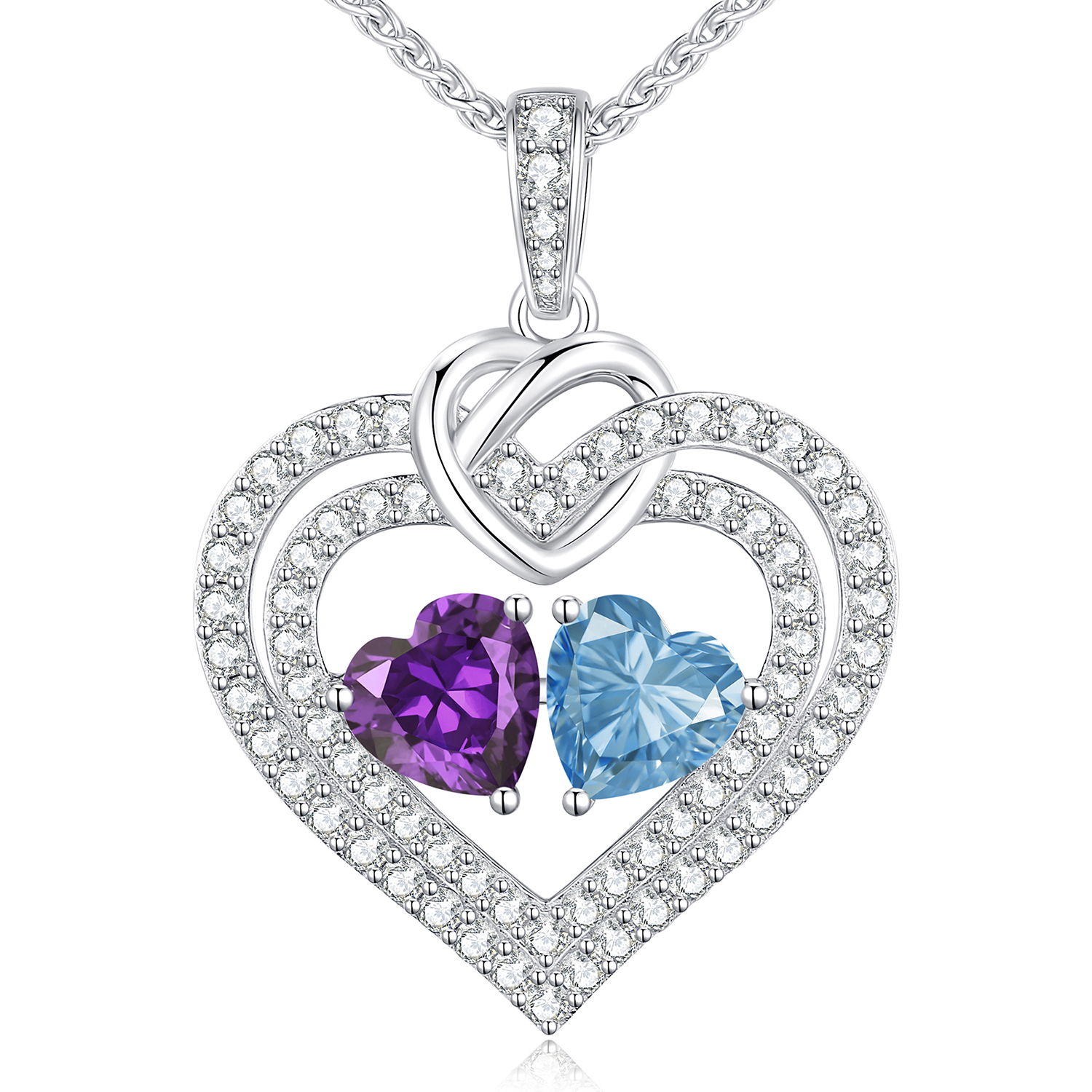 Sparkling Double Heart Birthstone Necklaces for Women, 925 Sterling Silver Fine Jewelry, Pendant Heart Necklaces Birthday Anniversary Christmas Gift for Women Wife Mom Girlfriend Lady