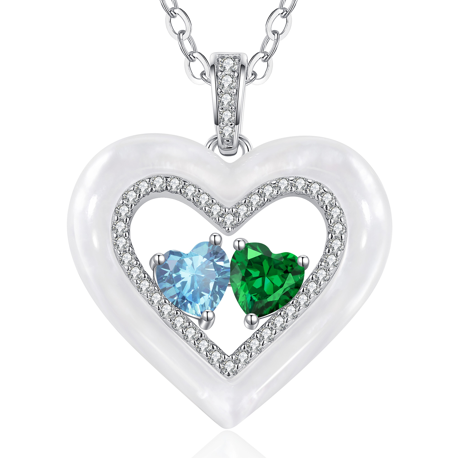 Shell Double Heart Birthstone Necklaces for Women, 925 Sterling Silver Fine Jewelry, Pendant Heart Necklaces Birthday Anniversary Christmas Gift for Women Wife Mom Girlfriend Lady