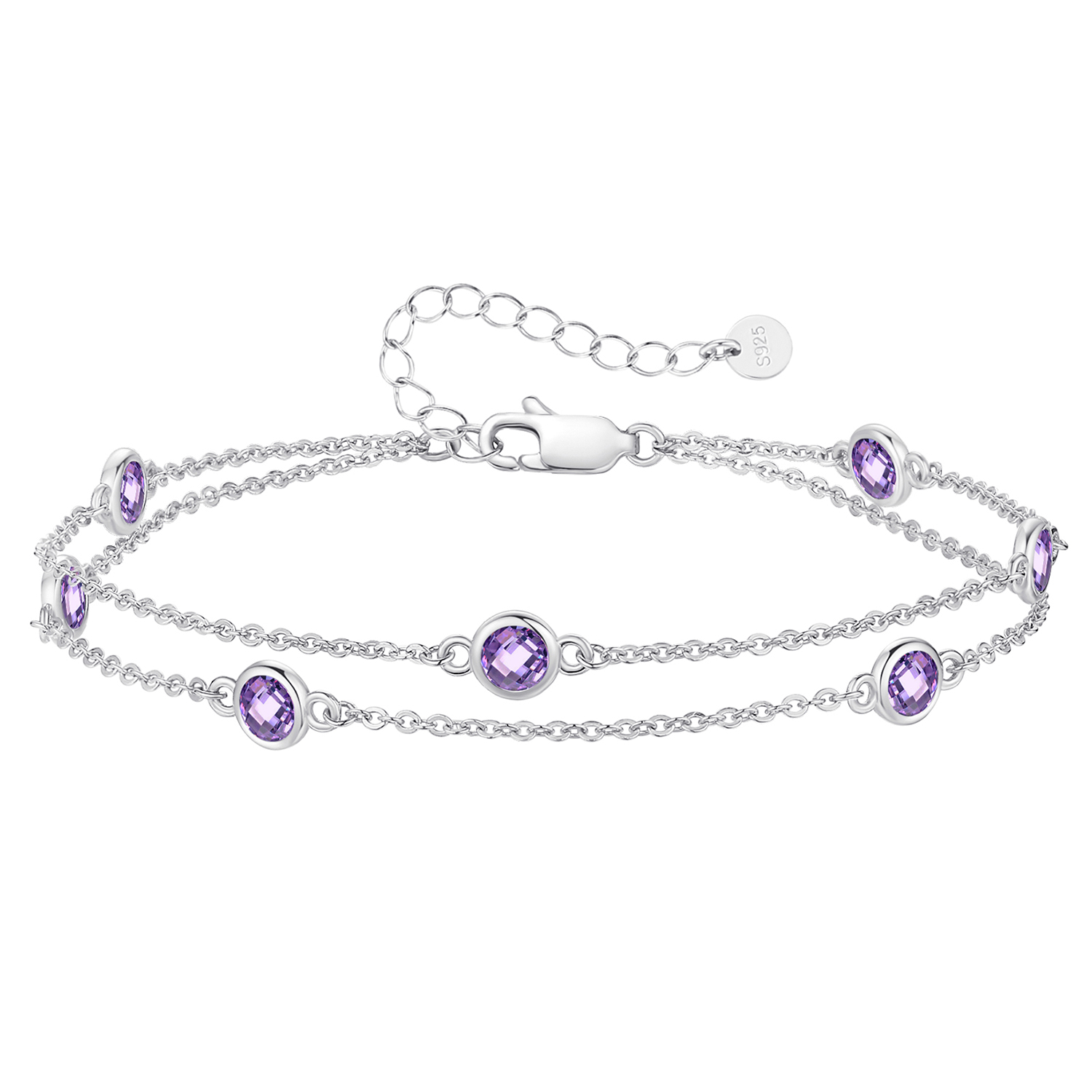  Birthstone Bracelets for Women, 925 Sterling Silver Charm Link Double Strand Bracelet, Birthday Anniversary Christmas Jewelry Gifts for Wife Girlfriend Mother her